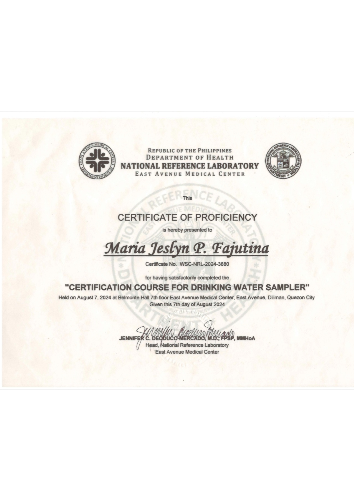 Certification for Drinking Water Sampler