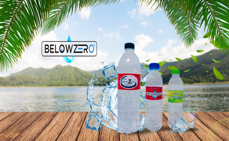 Bottles of Stay Below Zero purified water displayed on a wooden table with ice cubes, tropical leaves, and a scenic lake view in the background.