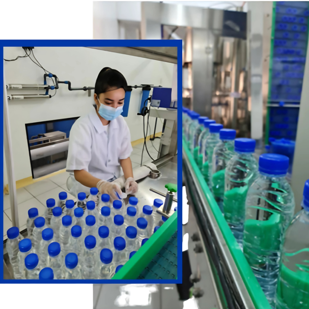 A factory worker wearing a mask and gloves inspecting bottled water on an assembly line; adjacent conveyor belt with rows of sealed water bottles.